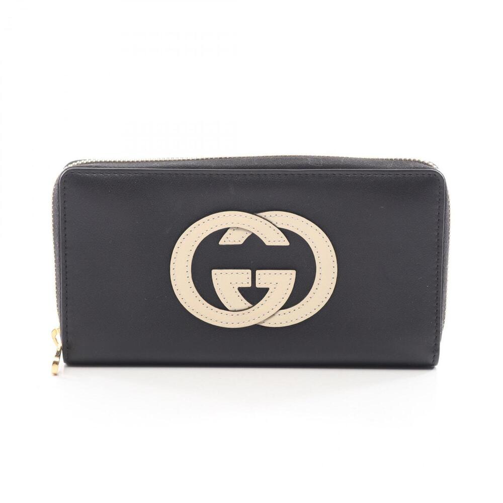 Gucci Basket Round Long Wallet, Leather, Women's, Black/Ivory, 658839